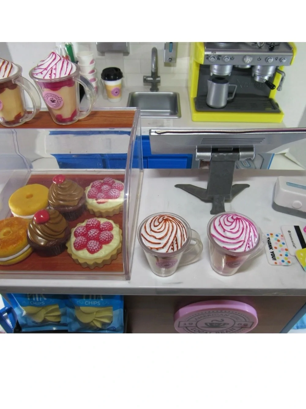 American Girl Local Bean Coffee Shop Play Counter with Yellow Espresso Machine